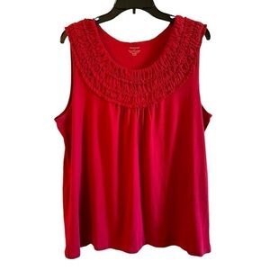 HANNAH,DEEP RED,SLEEVELESS TANK TOP. ROUND NECKLINE WITH LAYERED RUFFLES.SIZEXL